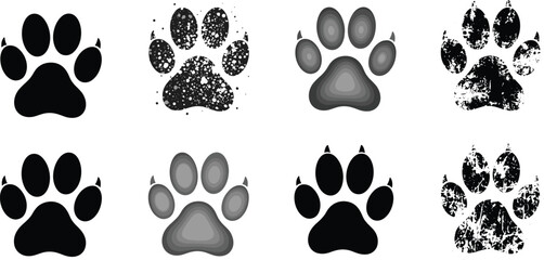 Paw print icons, animal track silhouettes, pet symbol set, textured vector graphics, wildlife footprint designs, black and grayscale illustration bundle