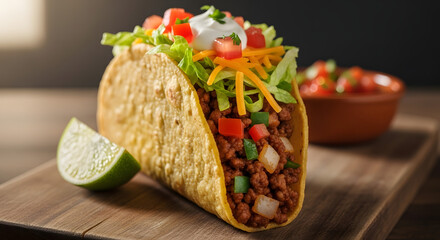 Juicy ground beef taco piled high with crisp lettuce, shredded cheddar, fresh tomatoes, and a dollop of sour cream, served with lime and salsa