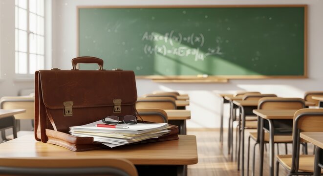 Empty classroom with leather briefcase and chalkboard equations