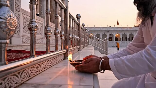 Devotee Lighting a Flame During Sikh Enlightenment Jayanti and Guru Teg Bahadur Martyrdom Ceremony at Historic Temple