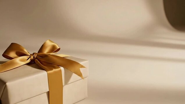 A gift box with a golden ribbon is placed on a light-colored surface, with soft shadows creating a serene and elegant atmosphere.