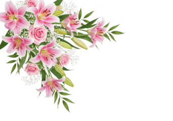Beautiful corner arrangement of pink lilies and roses with green foliage and babys breath flowers isolated on transparent background for design element