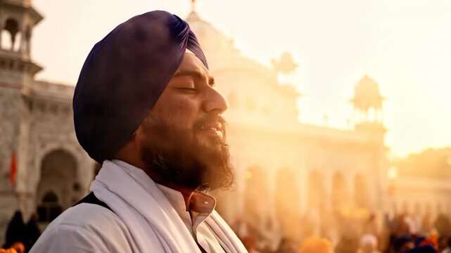 Sikh Enlightenment Jayanti and Guru Teg Bahadur Martyrdom Celebration with Devotee Praying During Sunrise at Historic Gurdwara