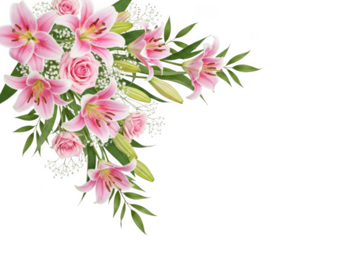Beautiful corner arrangement of pink lilies and roses with green foliage and babys breath flowers isolated on transparent background for design element