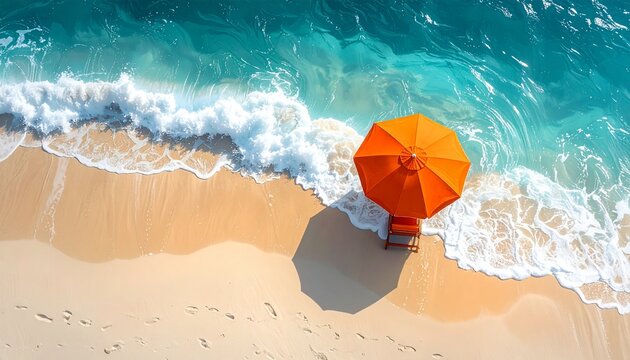 Peaceful tropical beach scene with an orange umbrella and chair near calm turquoise water. Warm sunlight, soft sand, and a relaxing coastal summer atmosphere. - Powered by Adobe