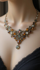 Elegant enamel necklace with amber and pearl inlays in intricate Art Nouveau design showcasing craftsmanship

