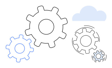 Interconnected gear wheels in motion alongside a cloud shape. Ideal for collaboration, innovation, cloud technology, teamwork, process optimization, automation, simple flat metaphor