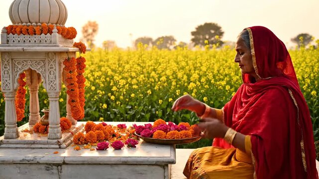 Sikh Enlightenment Jayanti and Guru Teg Bahadur Martyrdom Ceremony with Elder Woman Offering Flowers in a Sacred Ritual