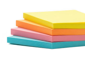 Stack of four colorful sticky notes in yellow, orange, pink, and blue, isolated on transparent background