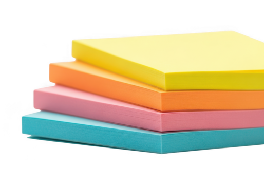 Stack of four colorful sticky notes in yellow, orange, pink, and blue, isolated on transparent background