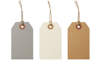 Three blank paper gift tags in gray, cream, and brown colors with twine strings, isolated on transparent background for design use
