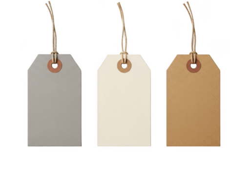 Three blank paper gift tags in gray, cream, and brown colors with twine strings, isolated on transparent background for design use