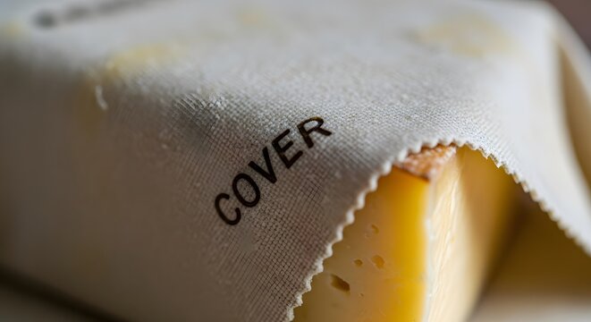 Close up of cheese covered in cloth with the word cover printed