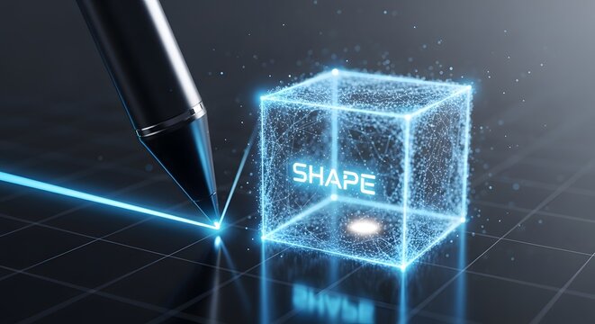 Digital pen creating a holographic cube shape with glowing blue lines