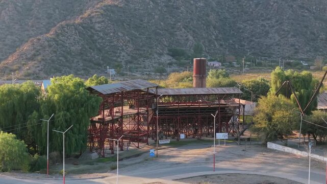 Aerial approach to Estaci&oacute;n 1 Cable Carril, historic mining site in Chilecito, La Rioja, Argentina.