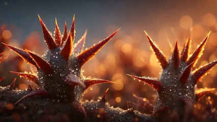 Close-up view of spiky succulent plants with dew drops glistening in the warm sunlight, highlighting their unique textures and natural beauty