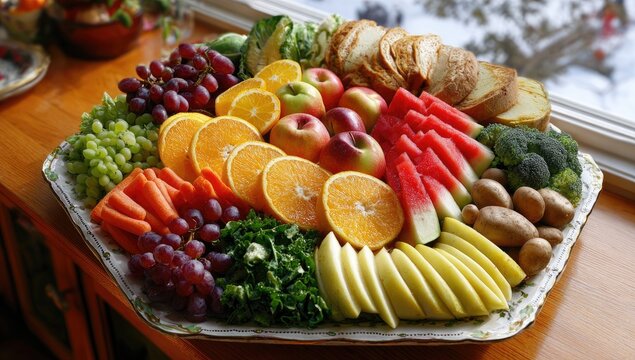 Colorful fruit and veggie platter on wooden table near window