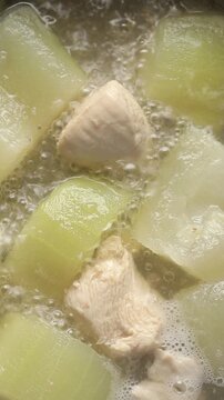 Winter melon and chicken meat simmering in a hot soup broth. Top view shot