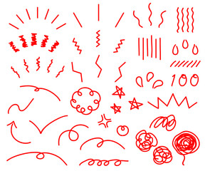 驚いたりイライラしたりする感情を表現した赤色の線画のアイコンセット