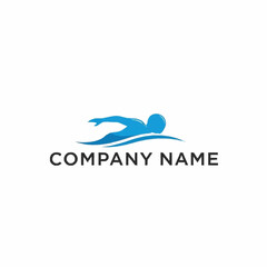 Blue swimmer silhouette in freestyle stroke over stylized waves and company name.
