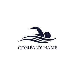 Swimming logo design with swimmer in water waves for company branding.