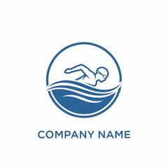Dynamic Swimmer Logo Design with Waves in a Blue Circle.