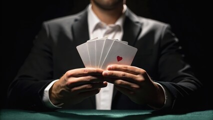 A person in formal attire holds playing cards, showcasing a focused expression. The setting is dimly lit, emphasizing the cards and hands.