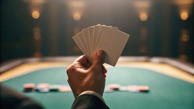 A hand holding playing cards at a casino table, with poker chips in the background, creating an atmosphere of suspense and excitement.