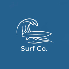Surf Co Logo Depicting a Surfboard and Wave on Blue Background.