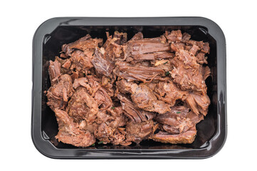 Stewed venison elk meat in a black container on white background, tender braised wild game ready meal rich in flavor and protein.