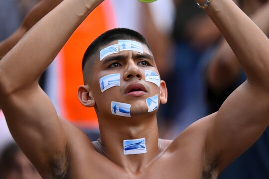 Young Man with Whale-Themed Face Stickers at a Rally - Powered by Adobe