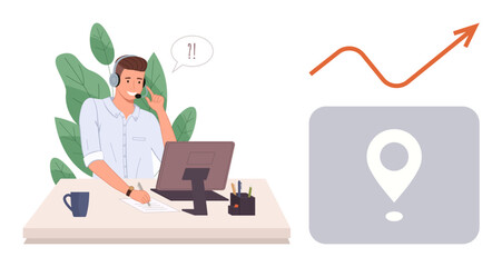Man with headset at desk talking and writing notes near computer, growth graph, location marker. Ideal for customer service, communication, business growth, remote work, online support, analytics