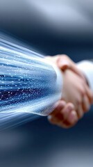 Two adult hands shaking, overlaid with a glowing blue digital network and light streaks, against a dark blue background. Represents technology and global connec