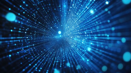 Fototapeta premium Blue light tunnel with radiant particles and lines