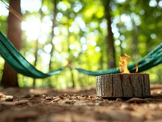 A small campfire burns in a hollowed-out log in a forest clearing. A green hammock is strung between trees in the background, with sunlight filtering through th