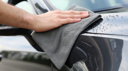 Man wiping car with grey microfiber rag outdoors, closeup