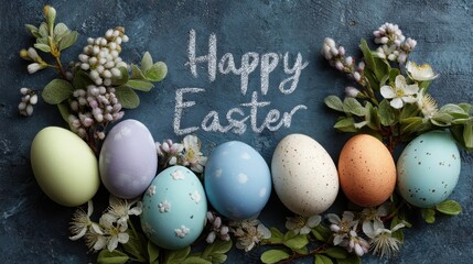 happy easter greeting with decorative eggs and spring foliage