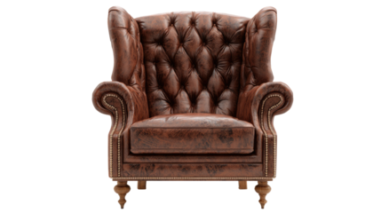 Elegant brown leather armchair with classic tufted back, rolled arms, and nailhead trim, offering a luxurious and comfortable seating option. background removed