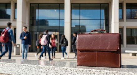 Brown leather briefcase in focus with college students in background on campus
