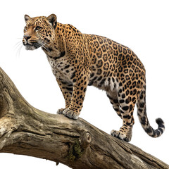 Majestic Jaguar standing confidently on thick wooden branch.