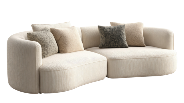 A modern, curved modular cream sofa with ribbed upholstery and textured neutral throw pillows, isolated on a transparent background. background removed