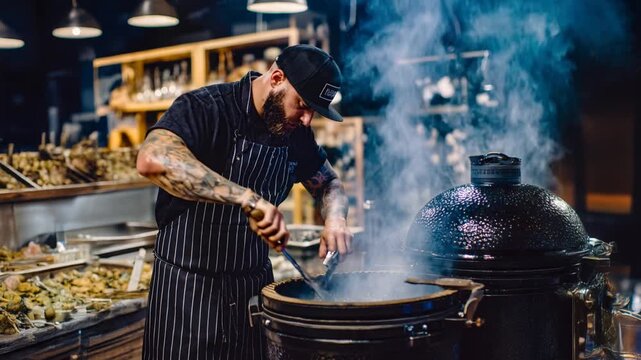 Tattooed chef stir frying food in a steaming wok