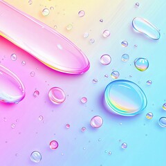 Macro shot of various sized water droplets with iridescent reflections scattered across a soft pastel gradient background of pink, yellow, and blue.