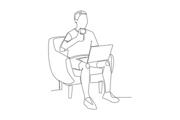 Man working while sitting on the sofa. Working from sofa concept one-line drawing