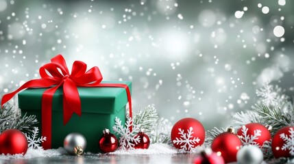 Festive green Christmas gift box with elegant red ribbon and bow, surrounded by sparkling ornaments, frosted pine branches, and falling snow on a magical bokeh background.