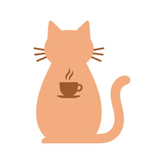 Minimalist vector illustration of a seated orange cat viewed from behind, featuring a small steaming coffee cup icon on its back. Clean, modern, cozy design.