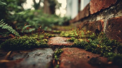 Obraz premium Moss grows on a weathered brick path in a garden setting.