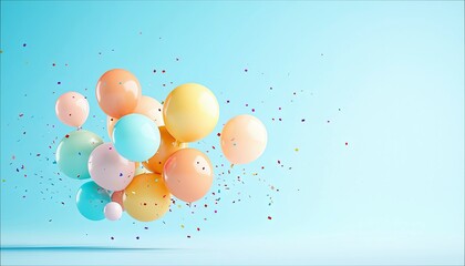A cluster of pastel-colored balloons, including pink, orange, yellow, green, and blue, floats against a vibrant blue background. Small, colorful confetti pieces