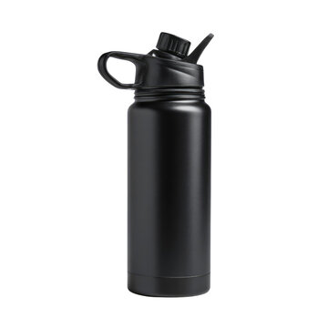 Sleek black insulated water bottle featuring a convenient straw lid and integrated carrying handle, perfect for on-the-go hydration. background removed