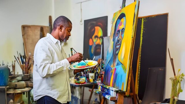 Focused african american artist painting a colorful portrait on canvas in studio
